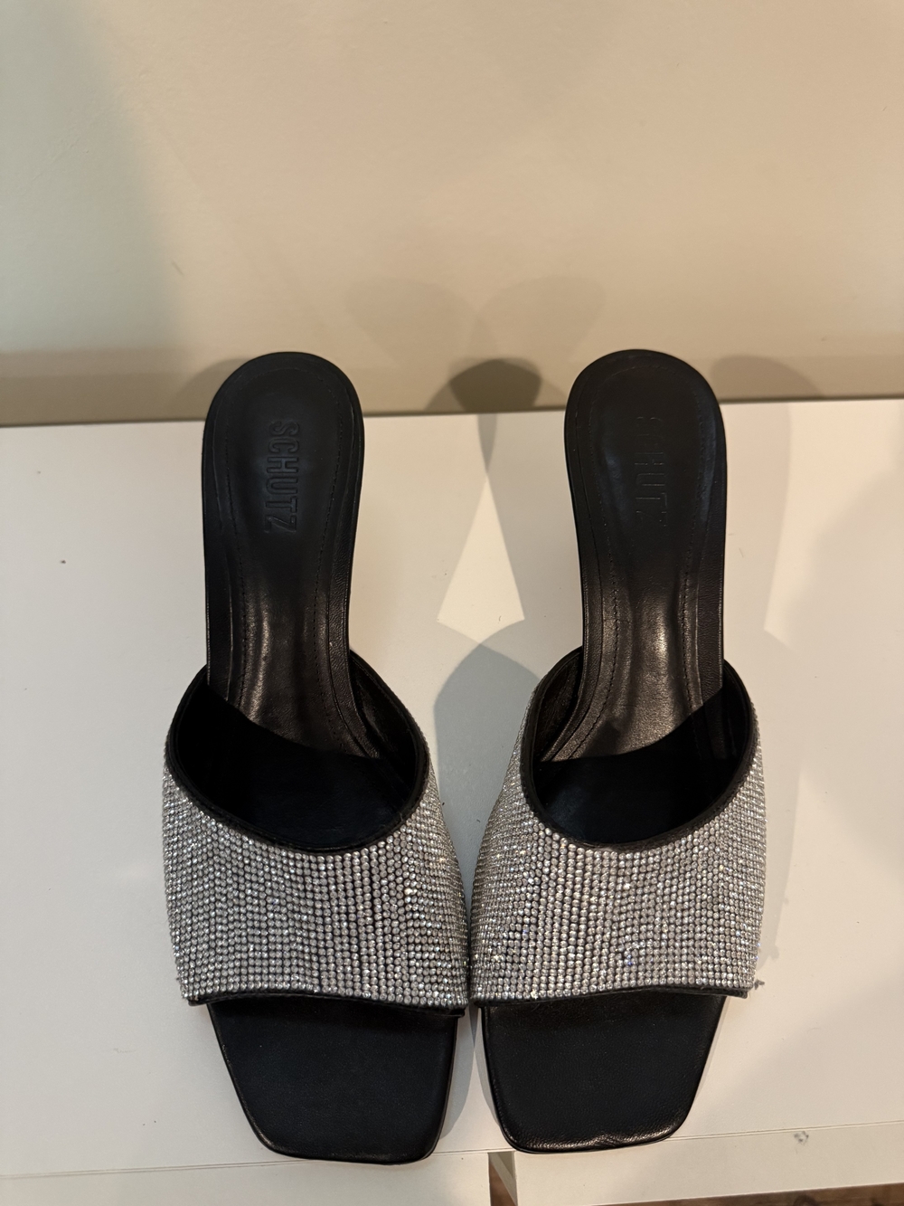 SCHUTZ Black Slide Heels with Silver Rhinestone Strap. Slip On Heels/backless.